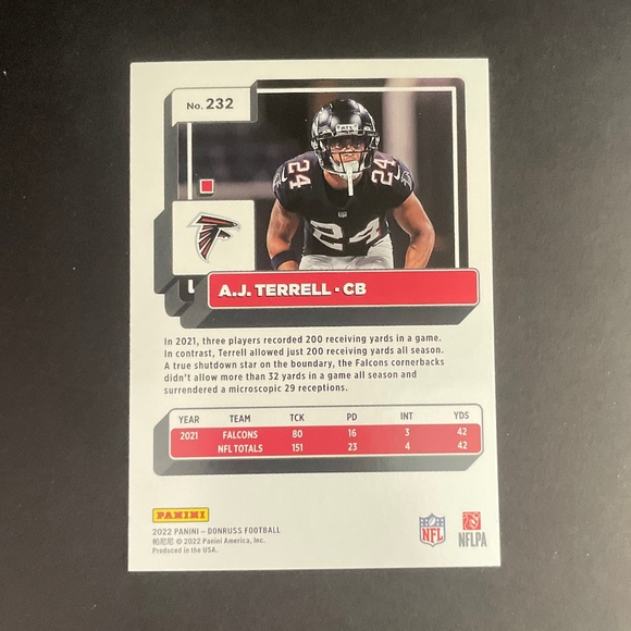 A.J. Terrell: Atlanta Falcons, Cornerback 2022 Panini Donruss Football #232 - Picture 2 of 2